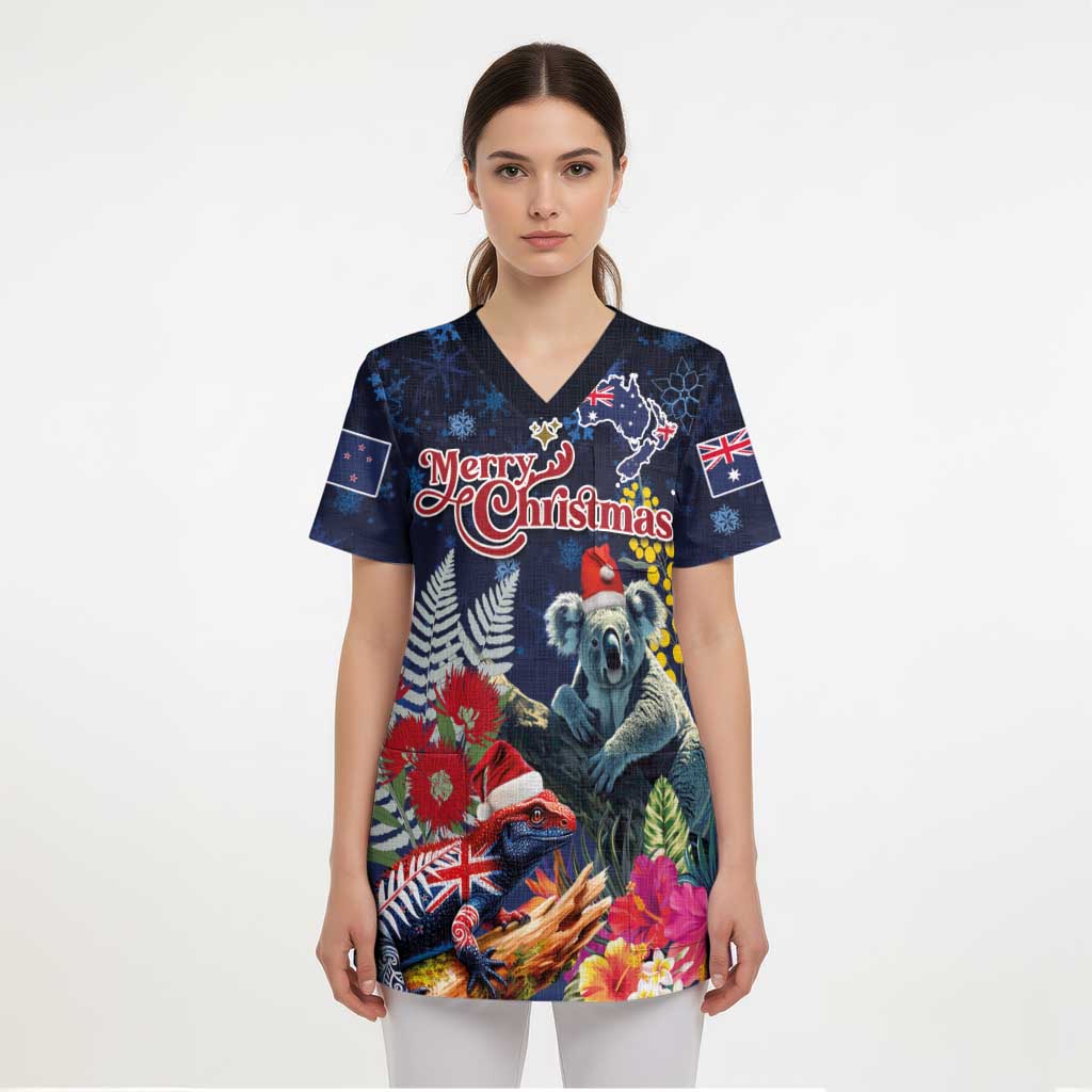 Australia and New Zealand Scrub Top Merry Christmas-Tuatara and Koala with Plants Xmas Style - Polynesian Pride