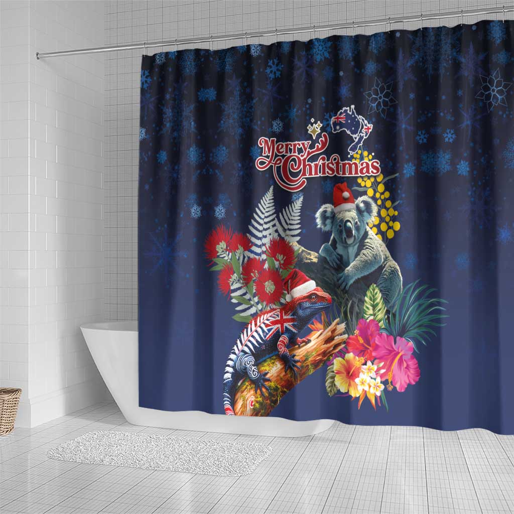 Australia and New Zealand Shower Curtain Merry Christmas-Tuatara and Koala with Plants Xmas Style