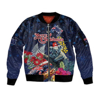 Australia and New Zealand Sleeve Zip Bomber Jacket Merry Christmas-Tuatara and Koala with Plants Xmas Style