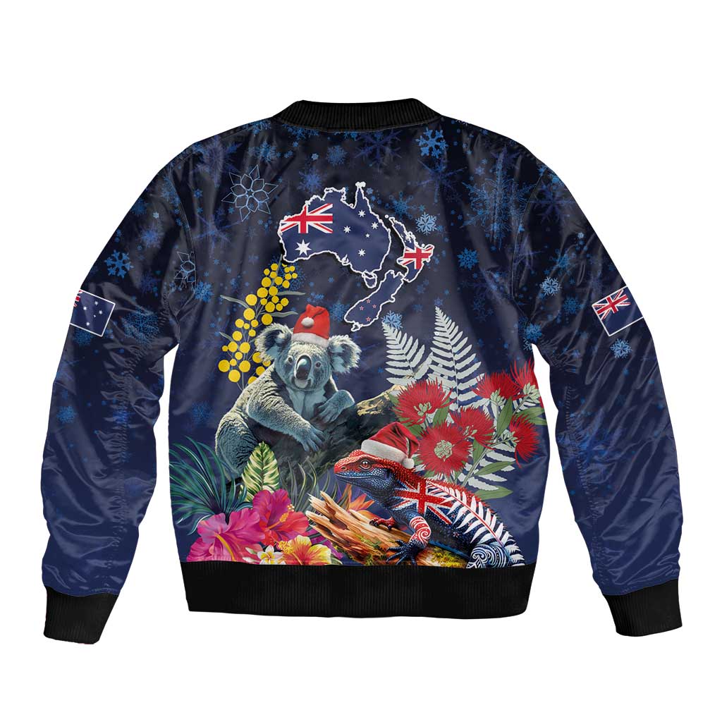 Australia and New Zealand Sleeve Zip Bomber Jacket Merry Christmas-Tuatara and Koala with Plants Xmas Style