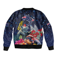 Australia and New Zealand Sleeve Zip Bomber Jacket Merry Christmas-Tuatara and Koala with Plants Xmas Style