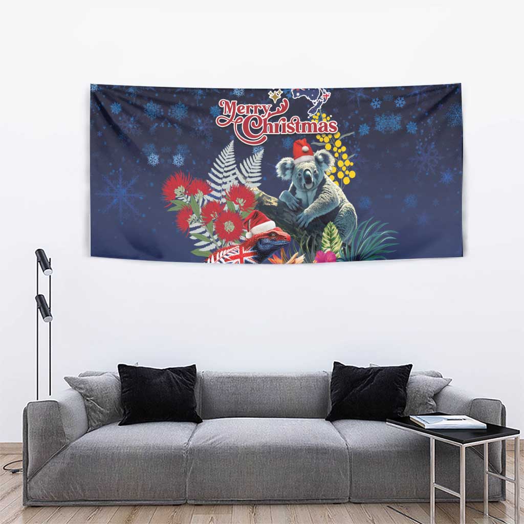 Australia and New Zealand Tapestry Merry Christmas-Tuatara and Koala with Plants Xmas Style
