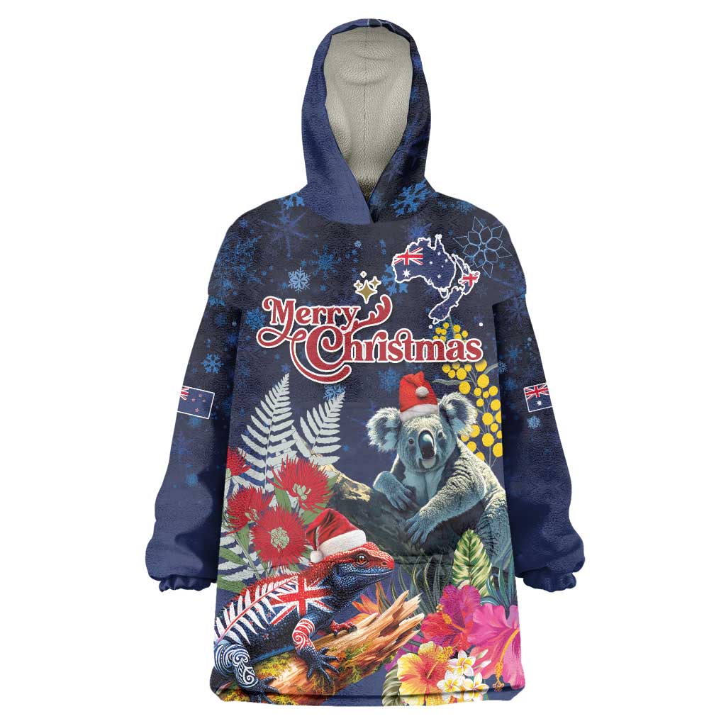 Australia and New Zealand Wearable Blanket Hoodie Merry Christmas-Tuatara and Koala with Plants Xmas Style LT03 One Size Navy - Polynesian Pride