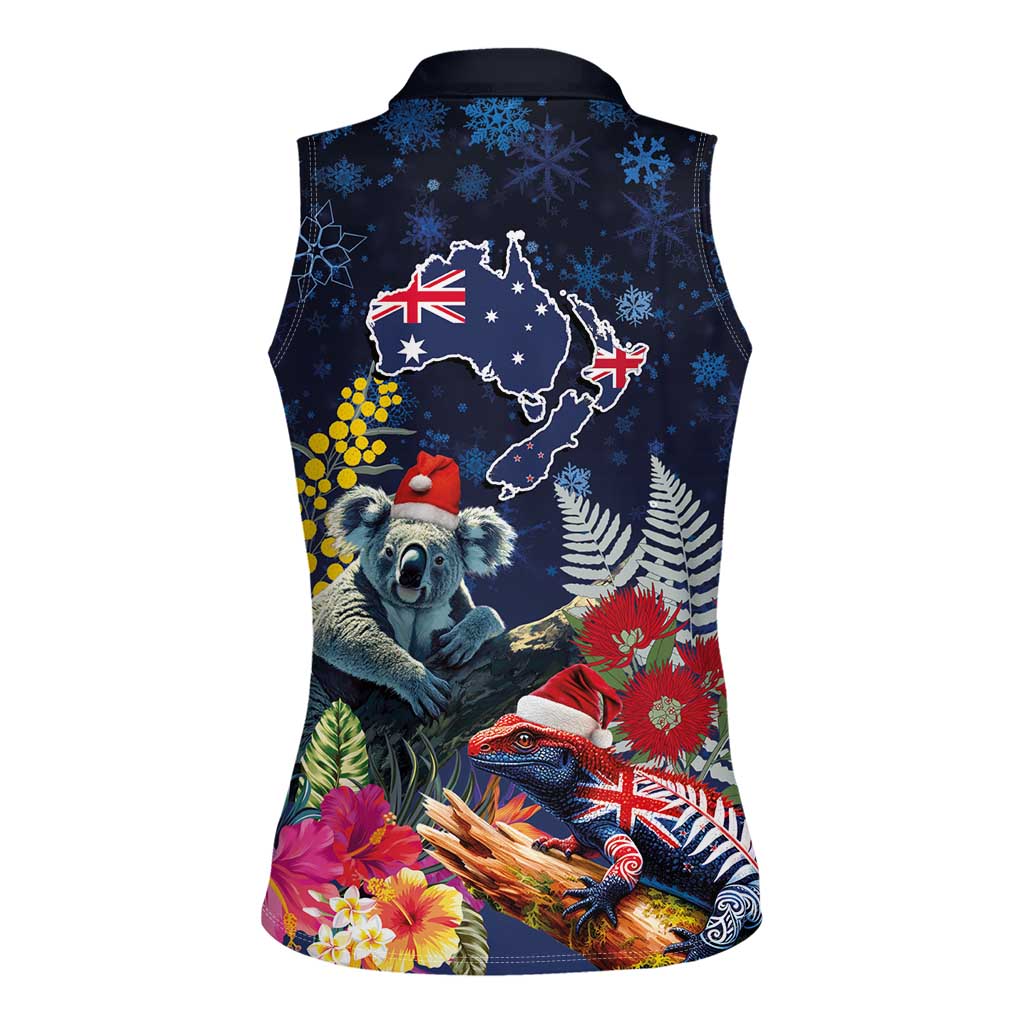 Australia and New Zealand Women Sleeveless Polo Shirt Merry Christmas-Tuatara and Koala with Plants Xmas Style