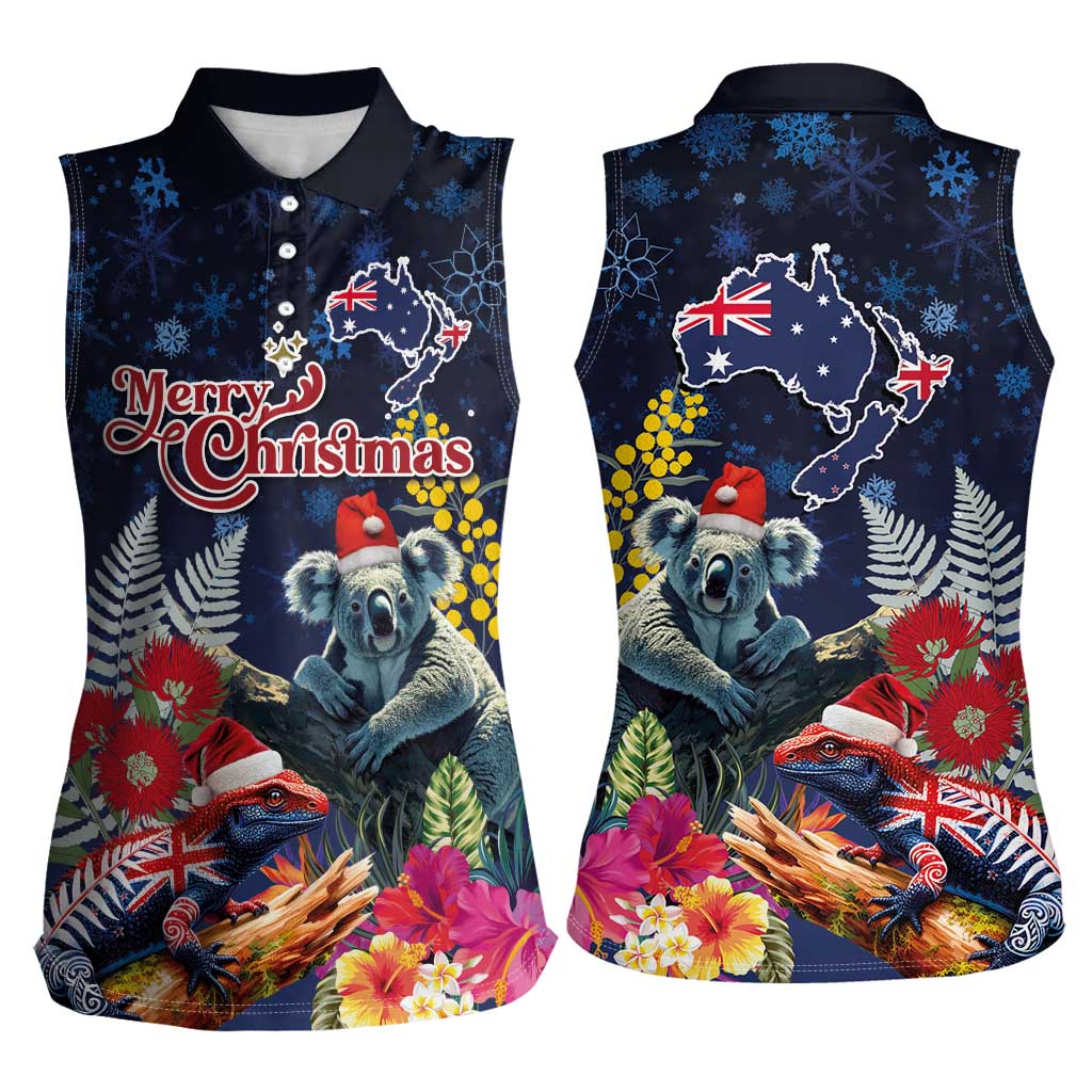 Australia and New Zealand Women Sleeveless Polo Shirt Merry Christmas-Tuatara and Koala with Plants Xmas Style