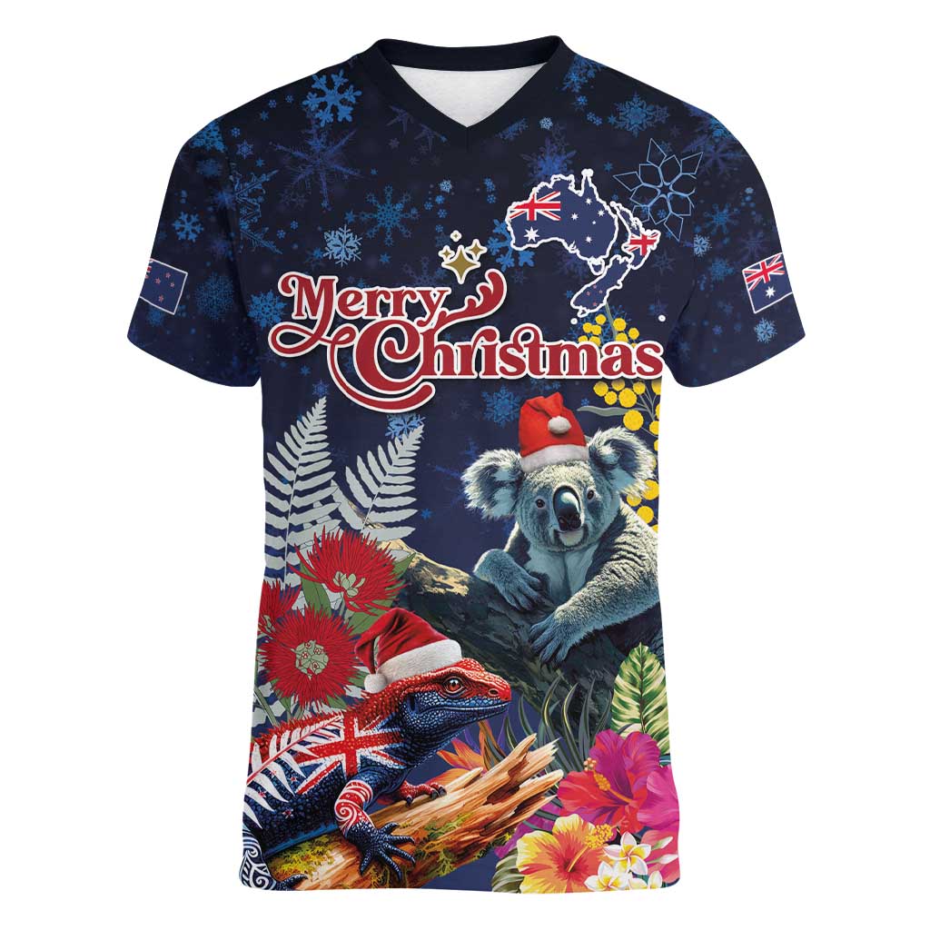 Australia and New Zealand Women V-Neck T-Shirt Merry Christmas-Tuatara and Koala with Plants Xmas Style