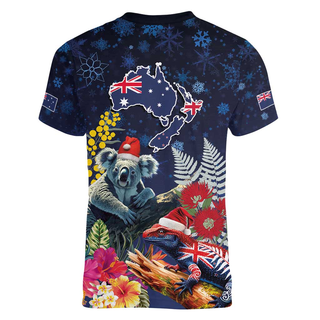 Australia and New Zealand Women V-Neck T-Shirt Merry Christmas-Tuatara and Koala with Plants Xmas Style