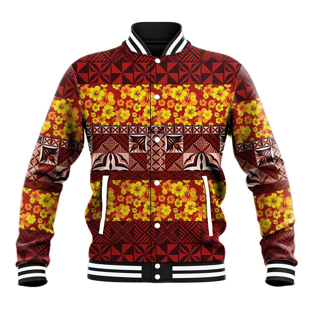 Samoa Siapo and Tapa Baseball Jacket Pacific Tribal Pattern with Hibiscus Striped Style