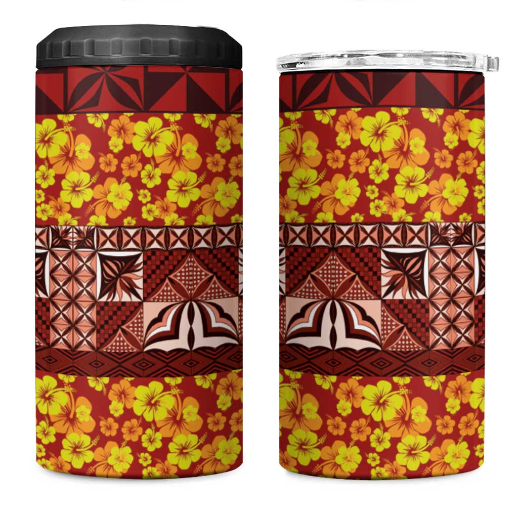 Samoa Siapo and Tapa 4 in 1 Can Cooler Tumbler Pacific Tribal Pattern with Hibiscus Striped Style