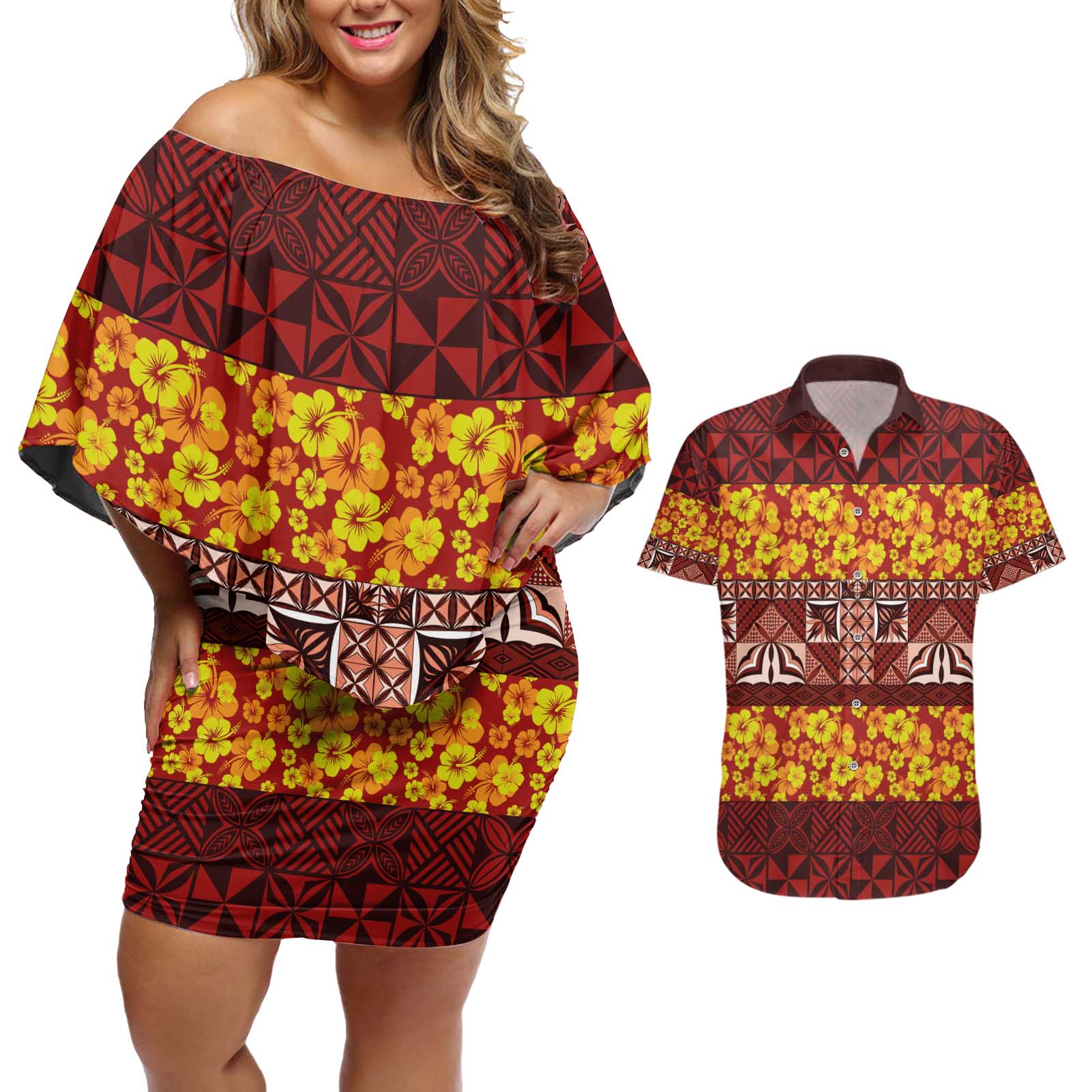 Samoa Siapo and Tapa Couples Matching Off Shoulder Short Dress and Hawaiian Shirt Pacific Tribal Pattern with Hibiscus Striped Style