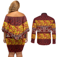 Samoa Siapo and Tapa Couples Matching Off Shoulder Short Dress and Long Sleeve Button Shirt Pacific Tribal Pattern with Hibiscus Striped Style