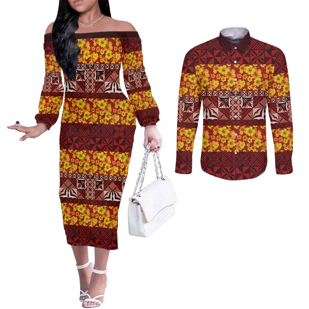 Samoa Siapo and Tapa Couples Matching Off The Shoulder Long Sleeve Dress and Long Sleeve Button Shirt Pacific Tribal Pattern with Hibiscus Striped Style