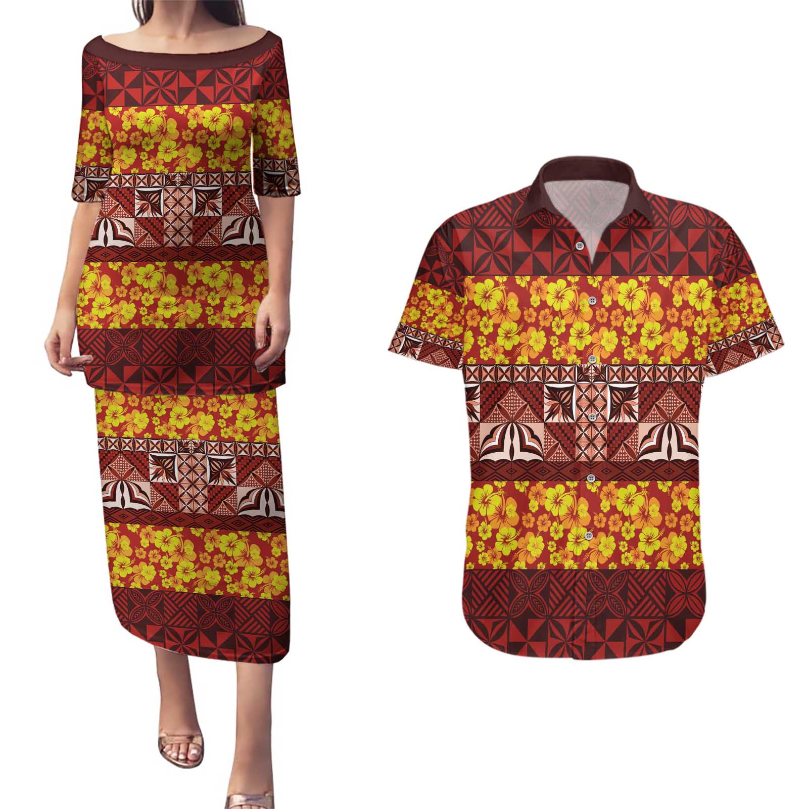 Samoa Siapo and Tapa Couples Matching Puletasi and Hawaiian Shirt Pacific Tribal Pattern with Hibiscus Striped Style