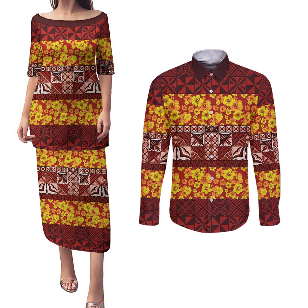 Samoa Siapo and Tapa Couples Matching Puletasi and Long Sleeve Button Shirt Pacific Tribal Pattern with Hibiscus Striped Style