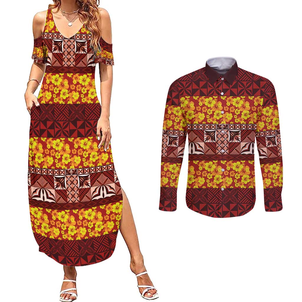 Samoa Siapo and Tapa Couples Matching Summer Maxi Dress and Long Sleeve Button Shirt Pacific Tribal Pattern with Hibiscus Striped Style