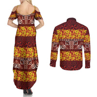 Samoa Siapo and Tapa Couples Matching Summer Maxi Dress and Long Sleeve Button Shirt Pacific Tribal Pattern with Hibiscus Striped Style
