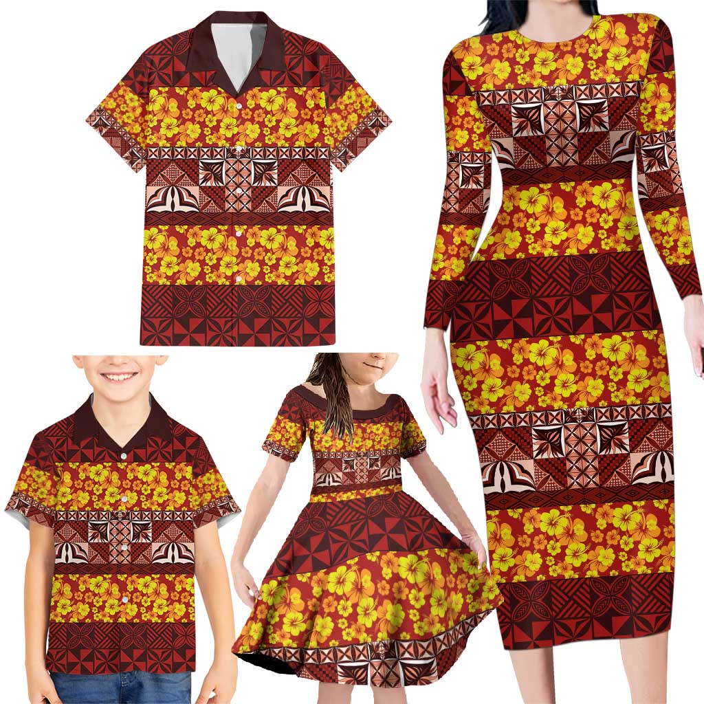 Samoa Siapo and Tapa Family Matching Long Sleeve Bodycon Dress and Hawaiian Shirt Pacific Tribal Pattern with Hibiscus Striped Style