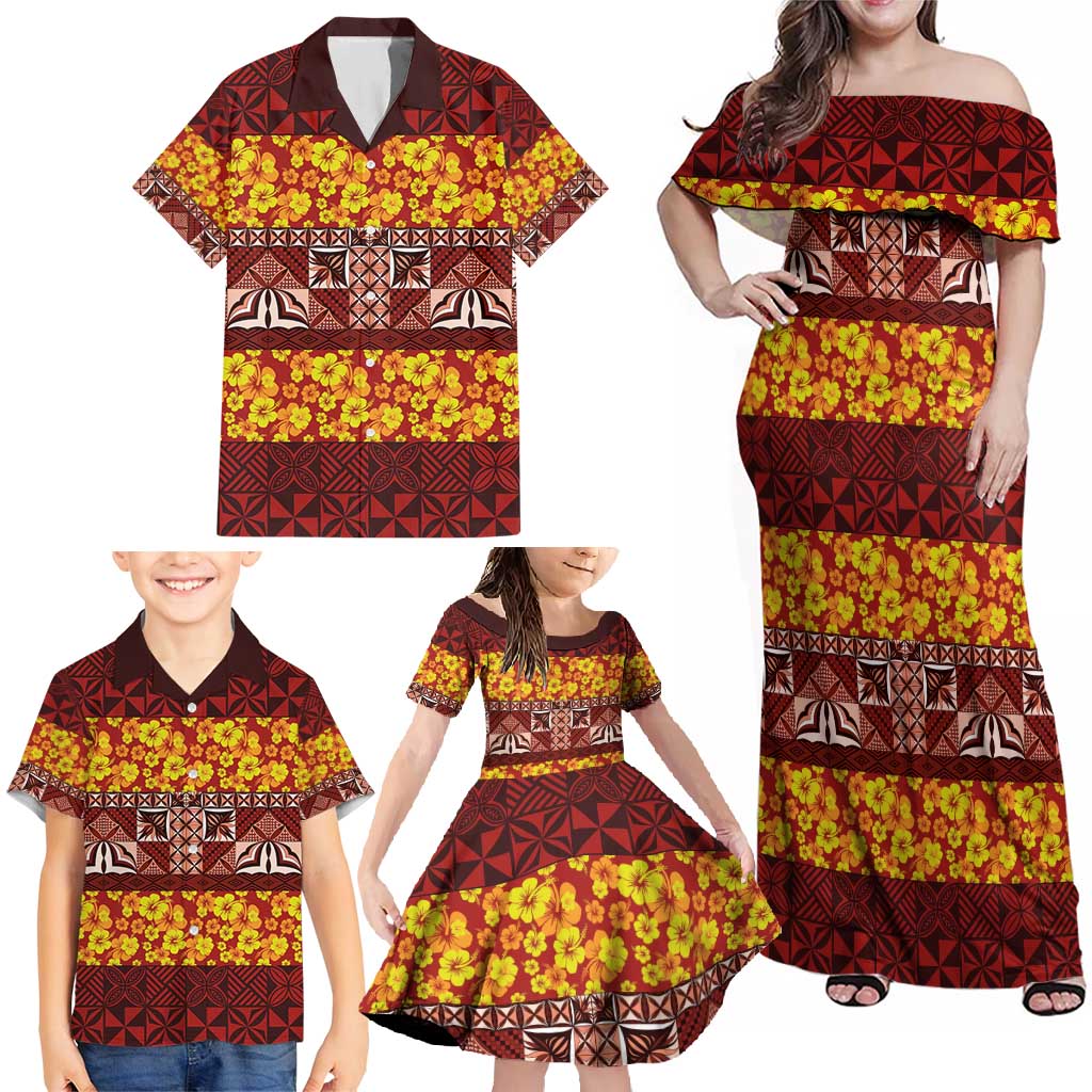 Samoa Siapo and Tapa Family Matching Off Shoulder Maxi Dress and Hawaiian Shirt Pacific Tribal Pattern with Hibiscus Striped Style