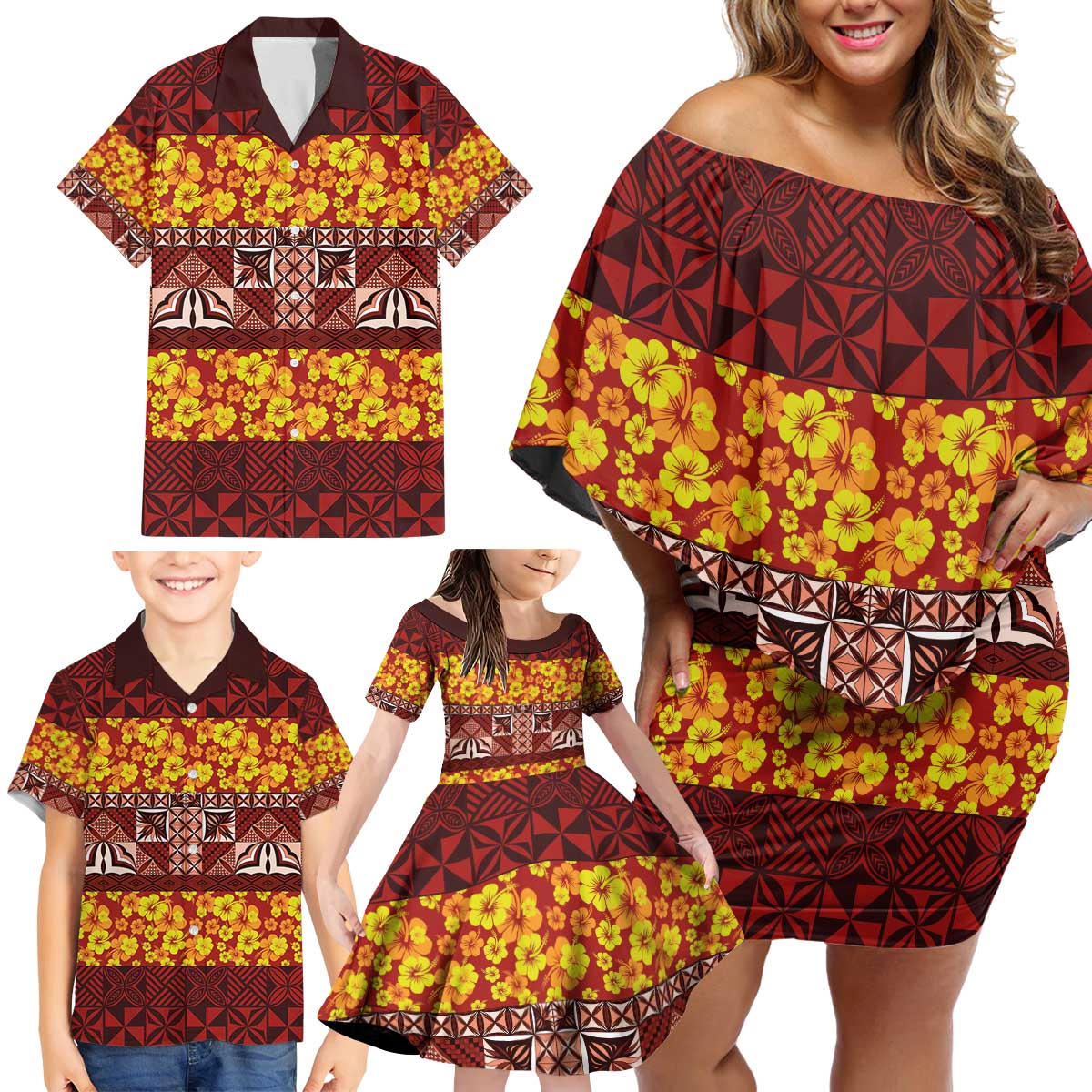 Samoa Siapo and Tapa Family Matching Off Shoulder Short Dress and Hawaiian Shirt Pacific Tribal Pattern with Hibiscus Striped Style