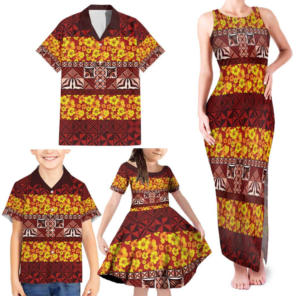 Samoa Siapo and Tapa Family Matching Tank Maxi Dress and Hawaiian Shirt Pacific Tribal Pattern with Hibiscus Striped Style