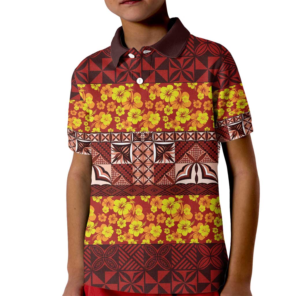 Samoa Siapo and Tapa Kid Polo Shirt Pacific Tribal Pattern with Hibiscus Striped Style