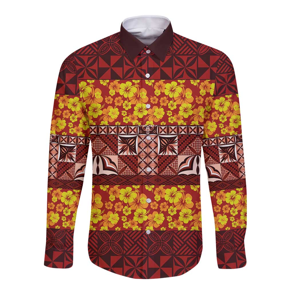 Samoa Siapo and Tapa Long Sleeve Button Shirt Pacific Tribal Pattern with Hibiscus Striped Style