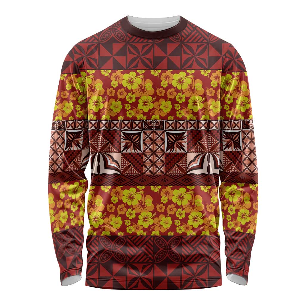 Samoa Siapo and Tapa Long Sleeve Shirt Pacific Tribal Pattern with Hibiscus Striped Style