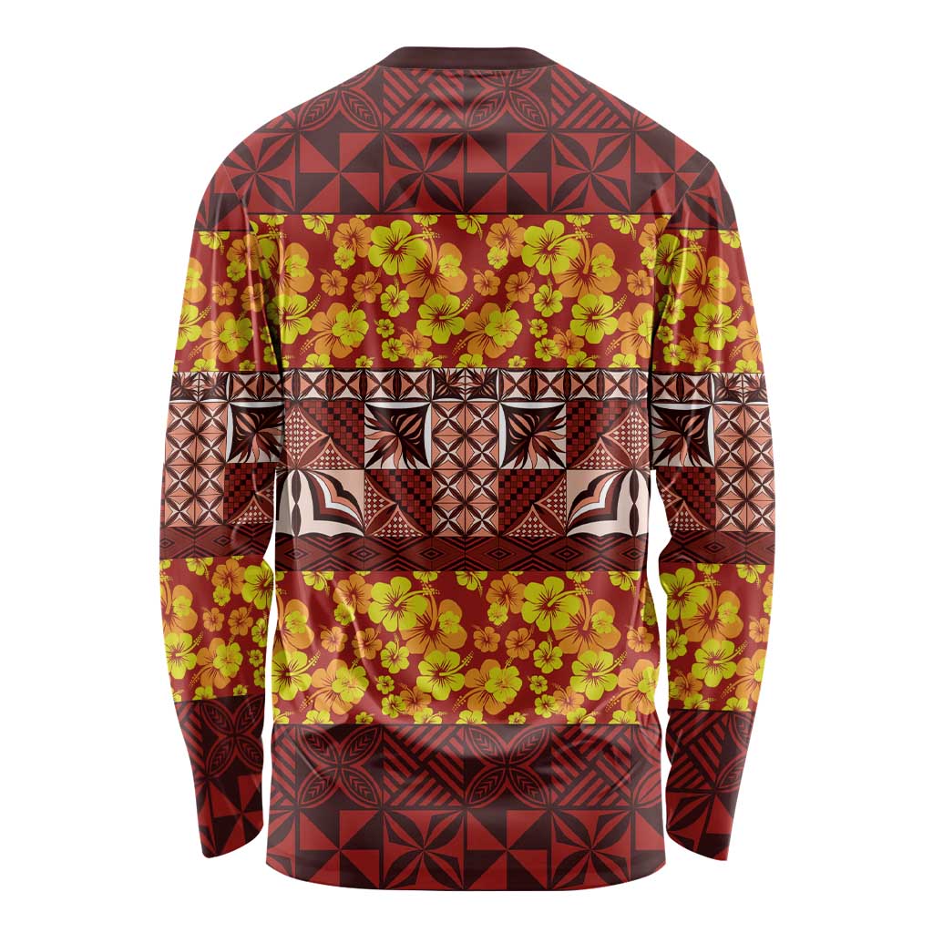 Samoa Siapo and Tapa Long Sleeve Shirt Pacific Tribal Pattern with Hibiscus Striped Style