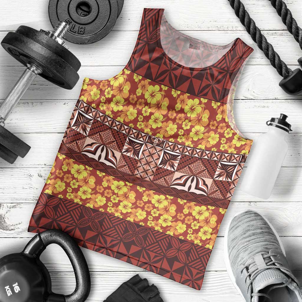 Samoa Siapo and Tapa Men Tank Top Pacific Tribal Pattern with Hibiscus Striped Style