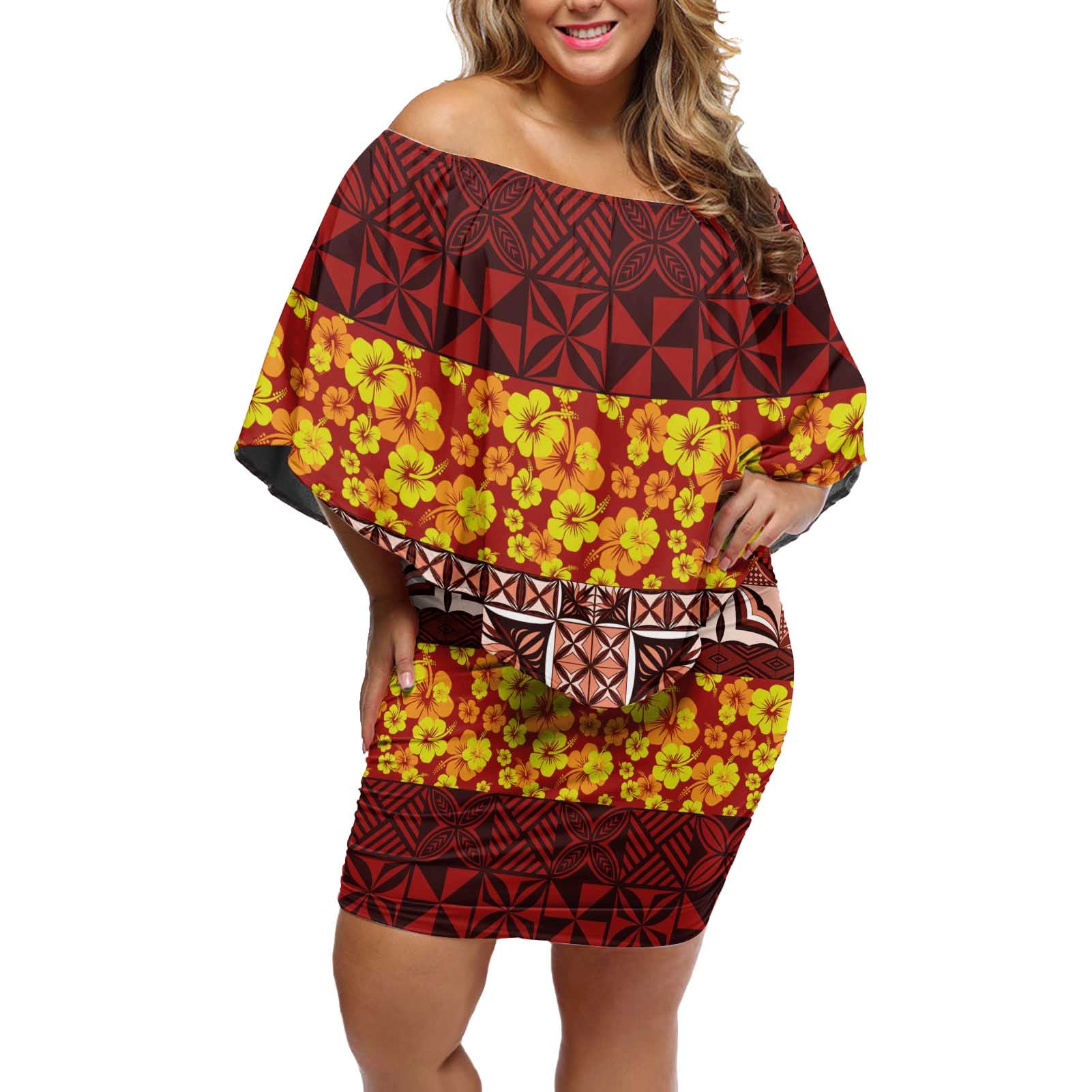 Samoa Siapo and Tapa Off Shoulder Short Dress Pacific Tribal Pattern with Hibiscus Striped Style