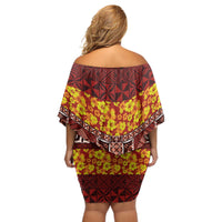 Samoa Siapo and Tapa Off Shoulder Short Dress Pacific Tribal Pattern with Hibiscus Striped Style