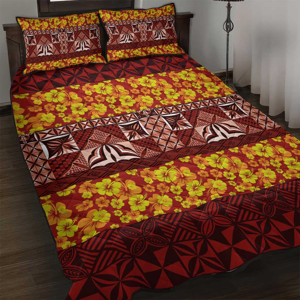 Samoa Siapo and Tapa Quilt Bed Set Pacific Tribal Pattern with Hibiscus Striped Style