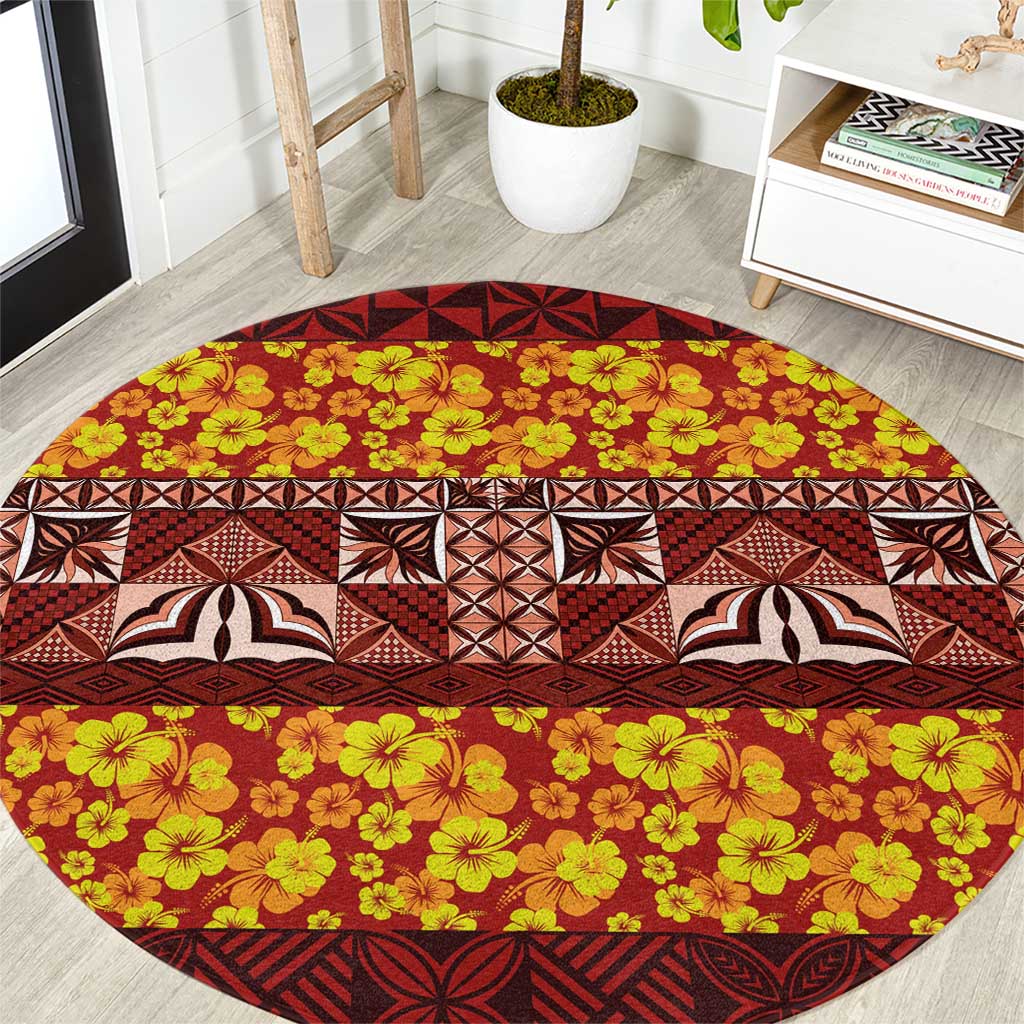 Samoa Siapo and Tapa Round Carpet Pacific Tribal Pattern with Hibiscus Striped Style