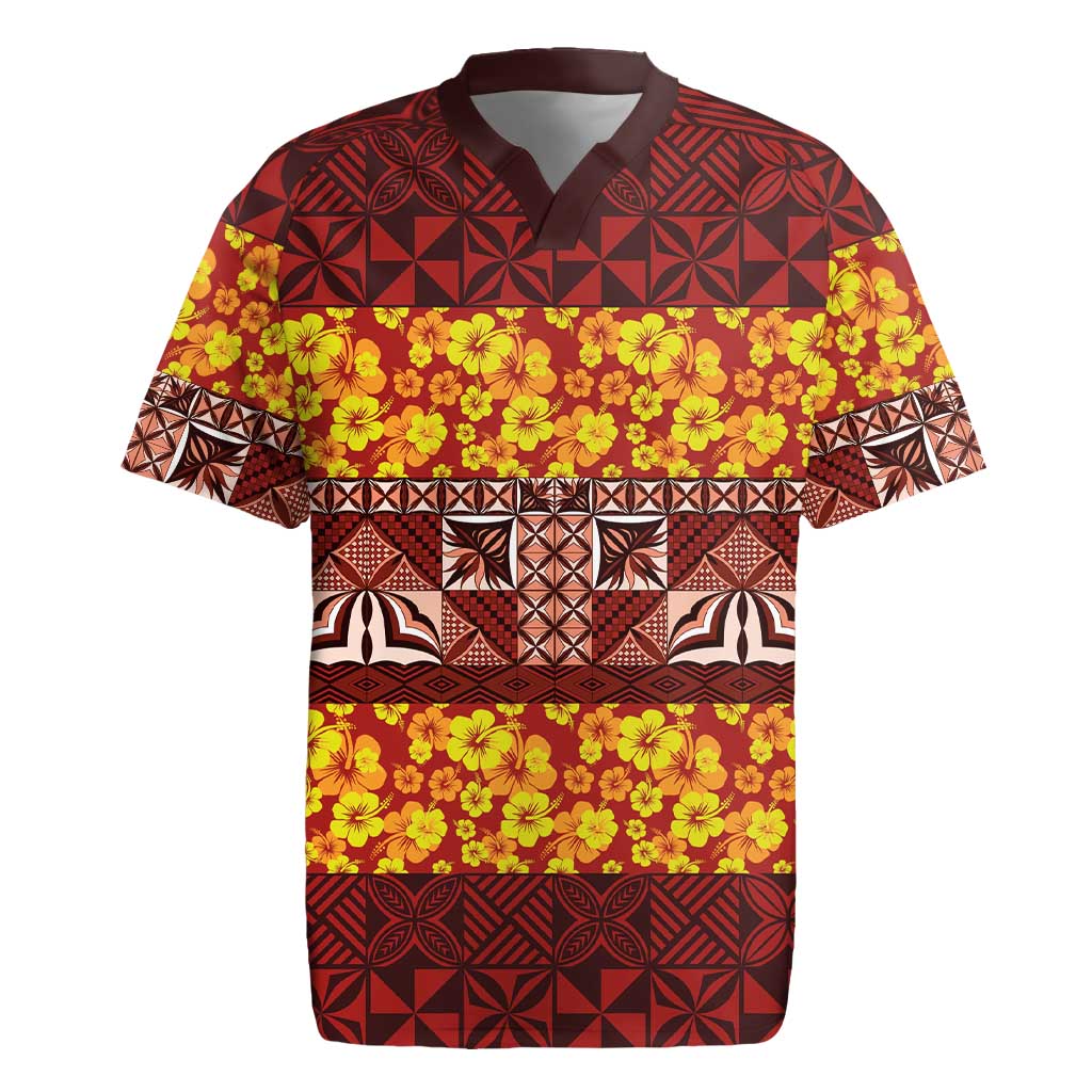 Samoa Siapo and Tapa Rugby Jersey Pacific Tribal Pattern with Hibiscus Striped Style