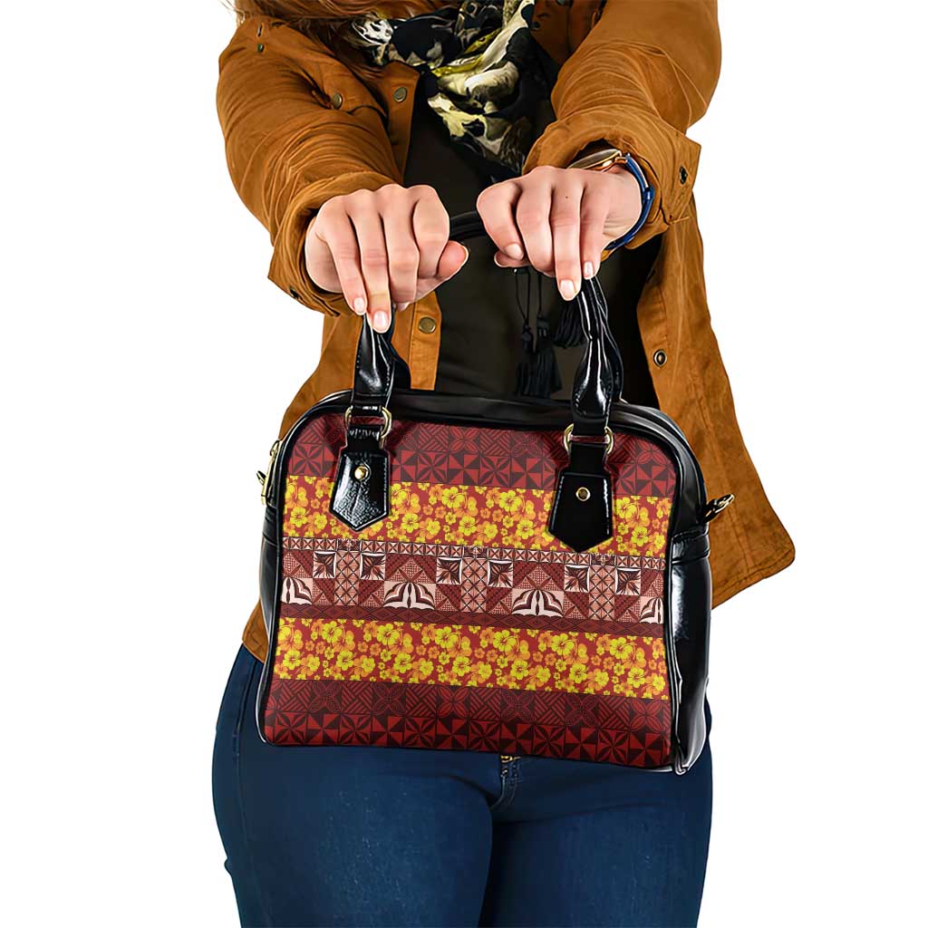 Samoa Siapo and Tapa Shoulder Handbag Pacific Tribal Pattern with Hibiscus Striped Style