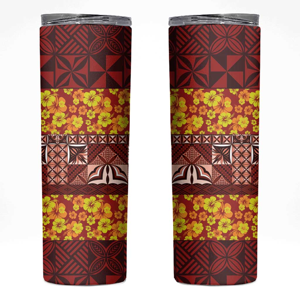 Samoa Siapo and Tapa Skinny Tumbler Pacific Tribal Pattern with Hibiscus Striped Style