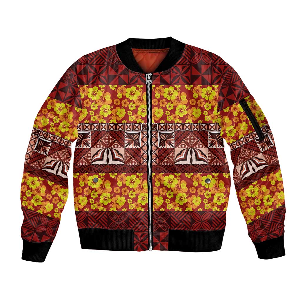 Samoa Siapo and Tapa Sleeve Zip Bomber Jacket Pacific Tribal Pattern with Hibiscus Striped Style