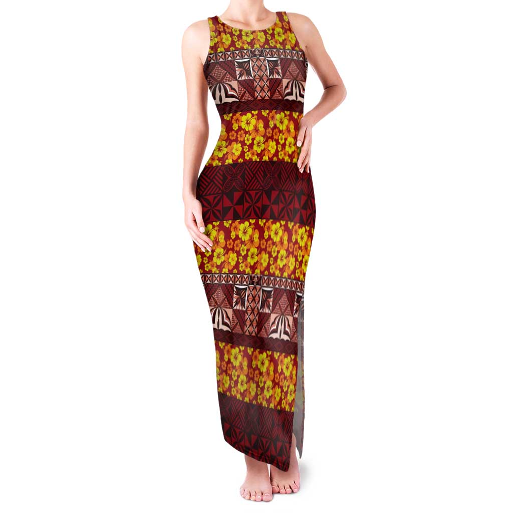 Samoa Siapo and Tapa Tank Maxi Dress Pacific Tribal Pattern with Hibiscus Striped Style