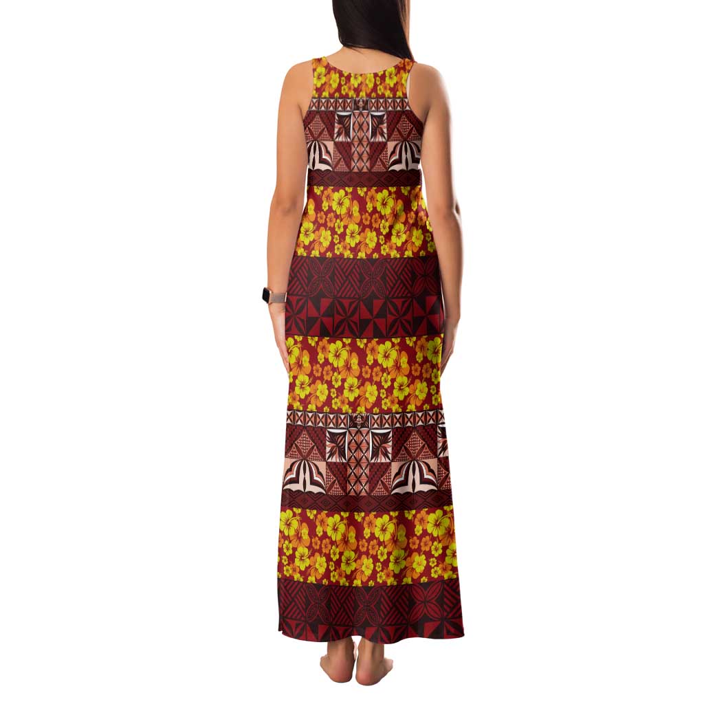 Samoa Siapo and Tapa Tank Maxi Dress Pacific Tribal Pattern with Hibiscus Striped Style