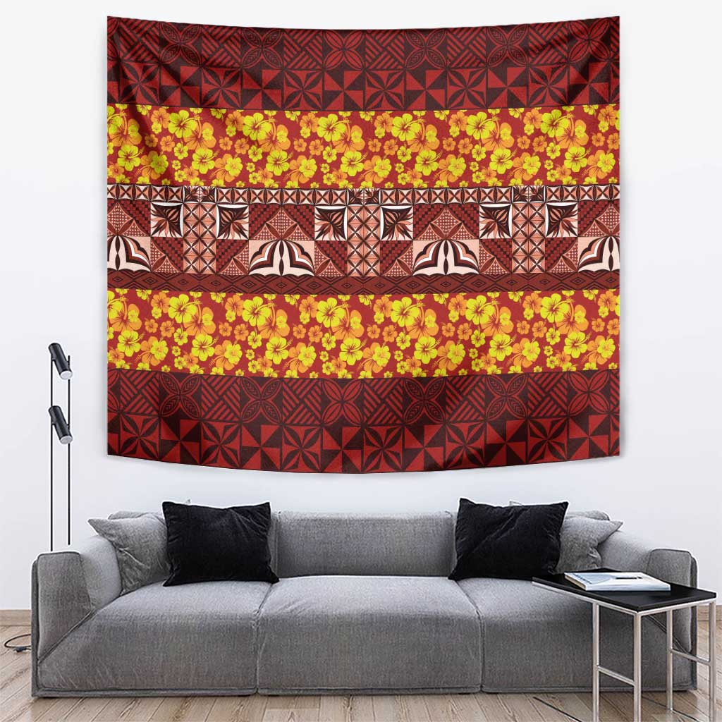 Samoa Siapo and Tapa Tapestry Pacific Tribal Pattern with Hibiscus Striped Style