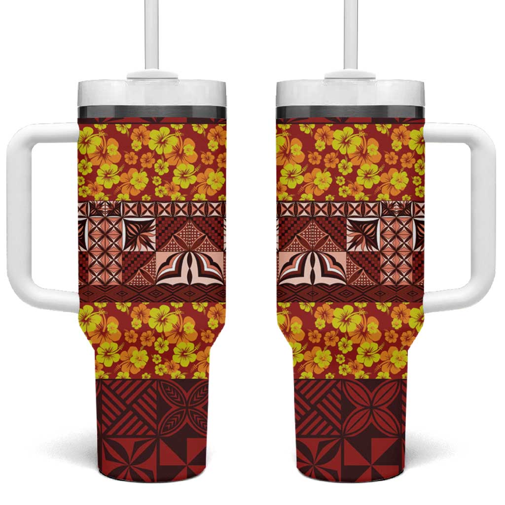 Samoa Siapo and Tapa Tumbler With Handle Pacific Tribal Pattern with Hibiscus Striped Style