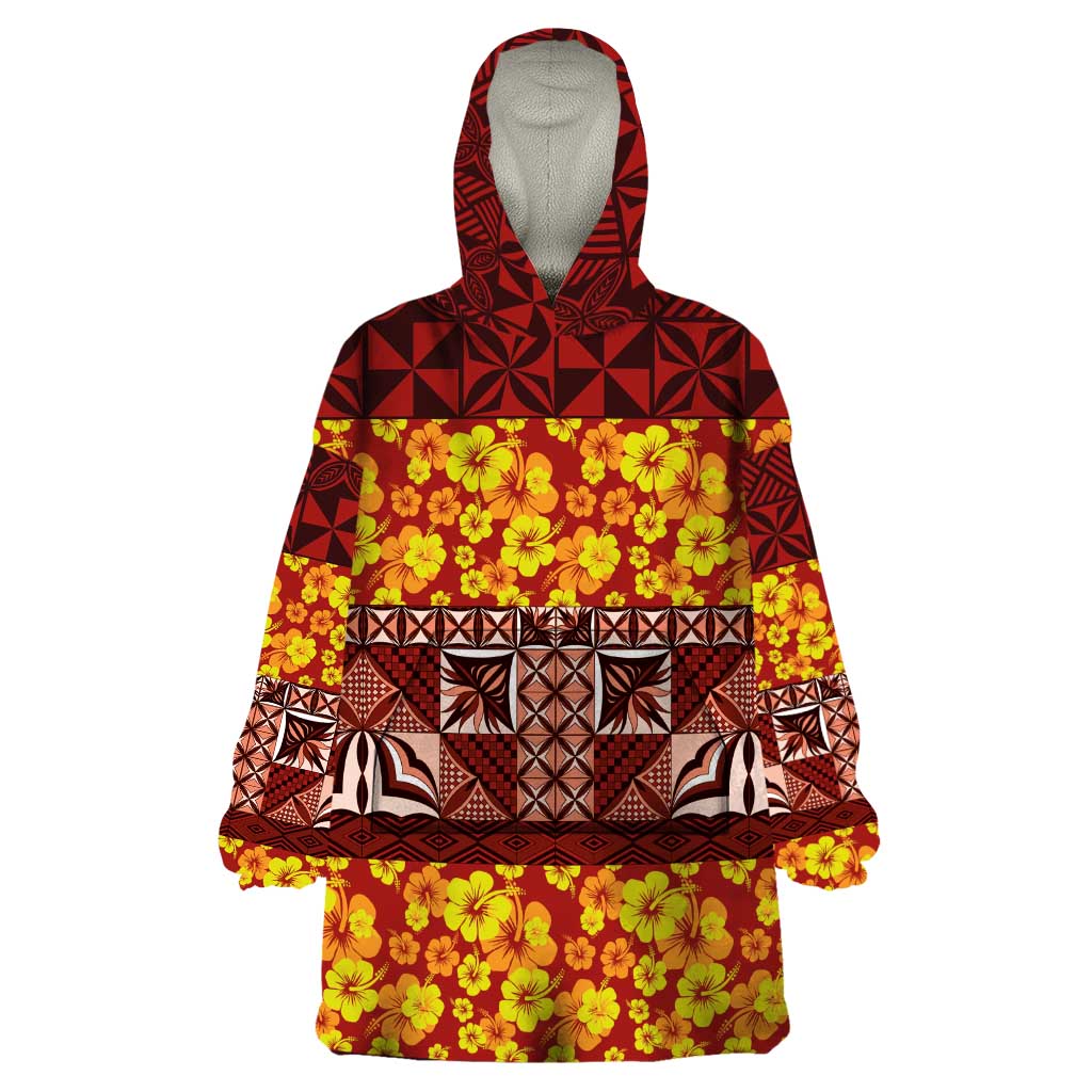 Samoa Siapo and Tapa Wearable Blanket Hoodie Pacific Tribal Pattern with Hibiscus Striped Style