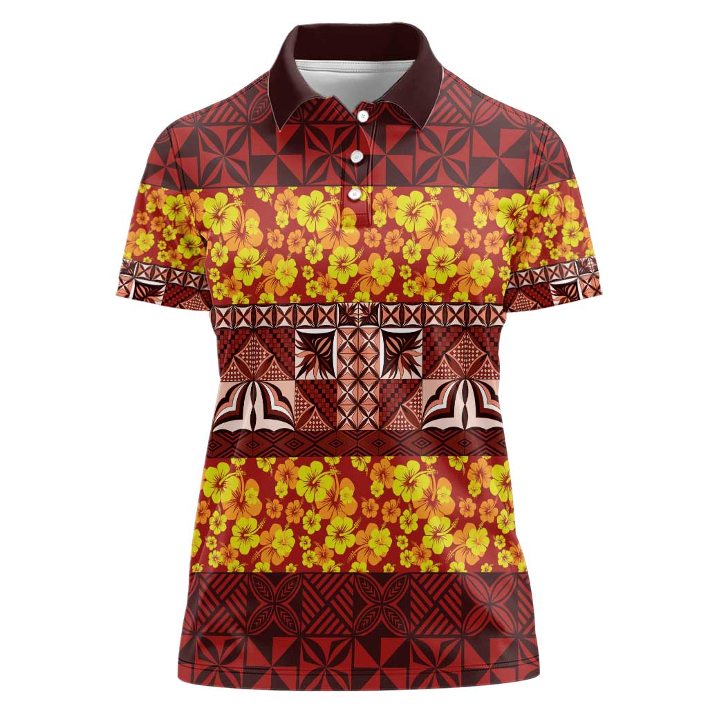 Samoa Siapo and Tapa Women Polo Shirt Pacific Tribal Pattern with Hibiscus Striped Style