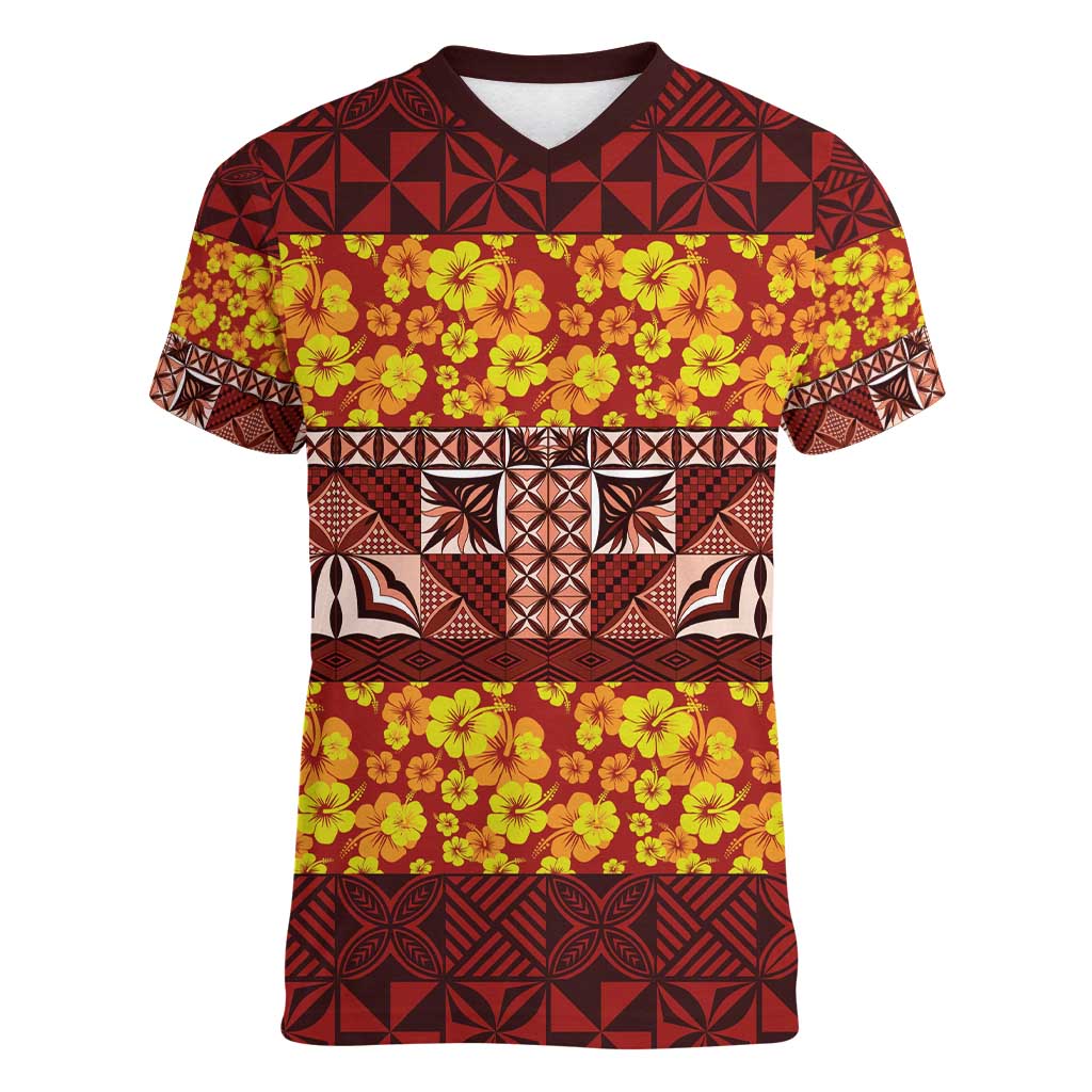 Samoa Siapo and Tapa Women V-Neck T-Shirt Pacific Tribal Pattern with Hibiscus Striped Style