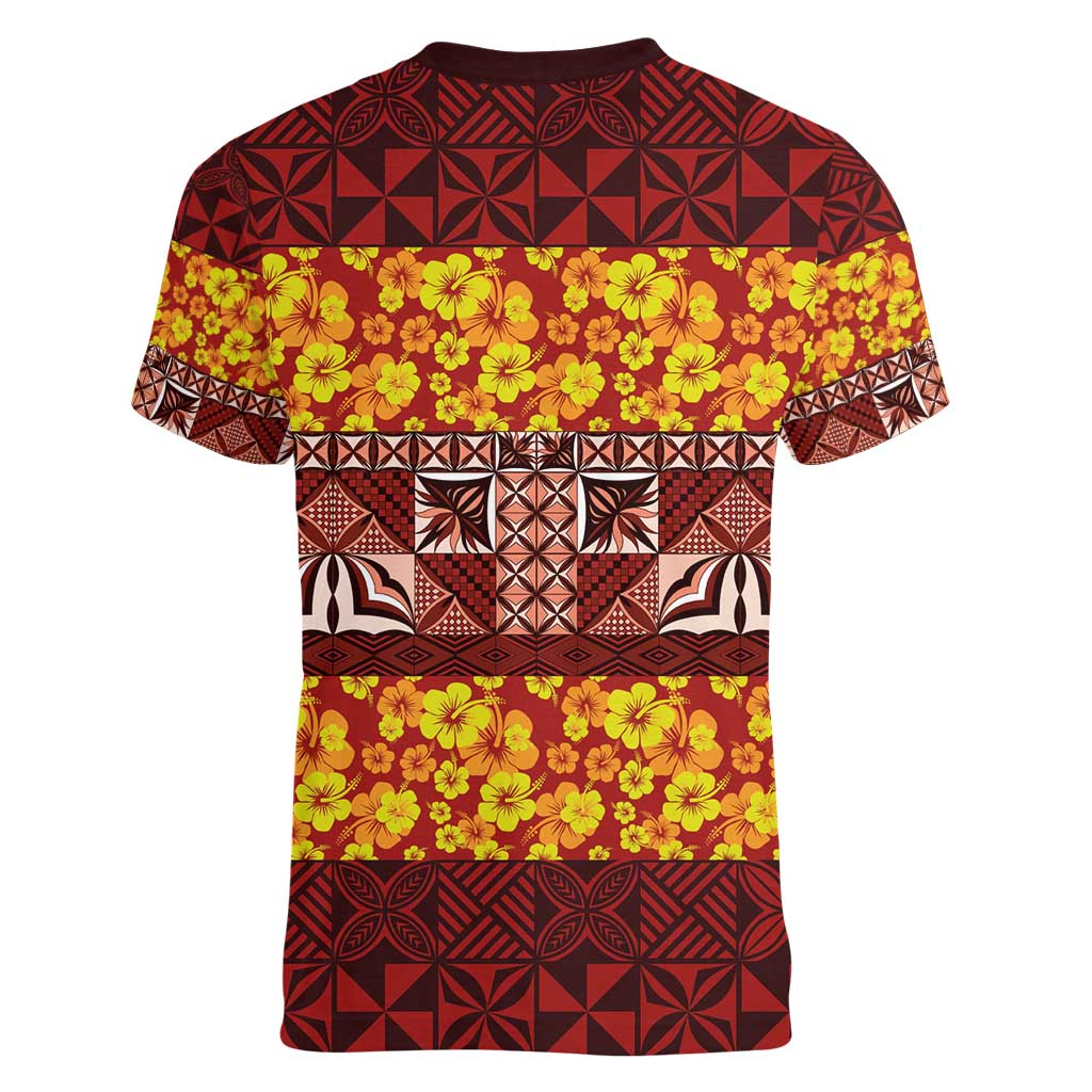Samoa Siapo and Tapa Women V-Neck T-Shirt Pacific Tribal Pattern with Hibiscus Striped Style