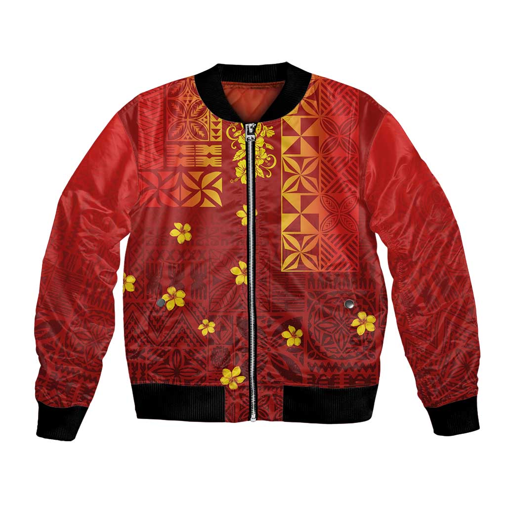 Samoa Tapa Pacific Tribal Pattern Bomber Jacket Hibiscus and Plumeria