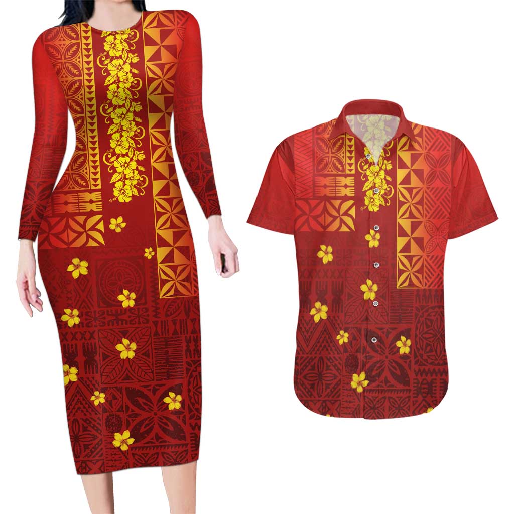 Samoa Tapa Pacific Tribal Pattern Couples Matching Long Sleeve Bodycon Dress and Hawaiian Shirt Hibiscus and Plumeria