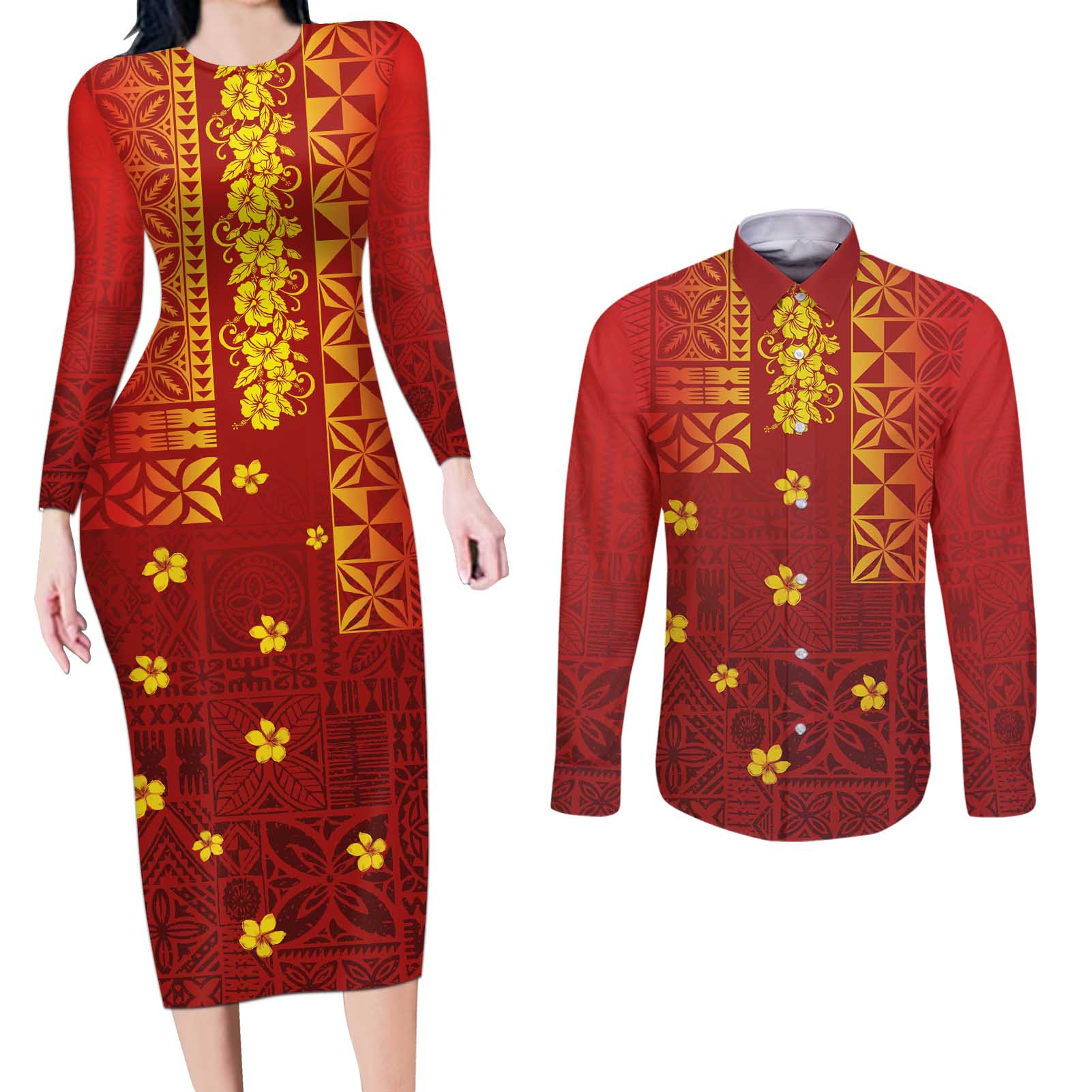 Samoa Tapa Pacific Tribal Pattern Couples Matching Long Sleeve Bodycon Dress and Long Sleeve Button Shirt Hibiscus and Plumeria