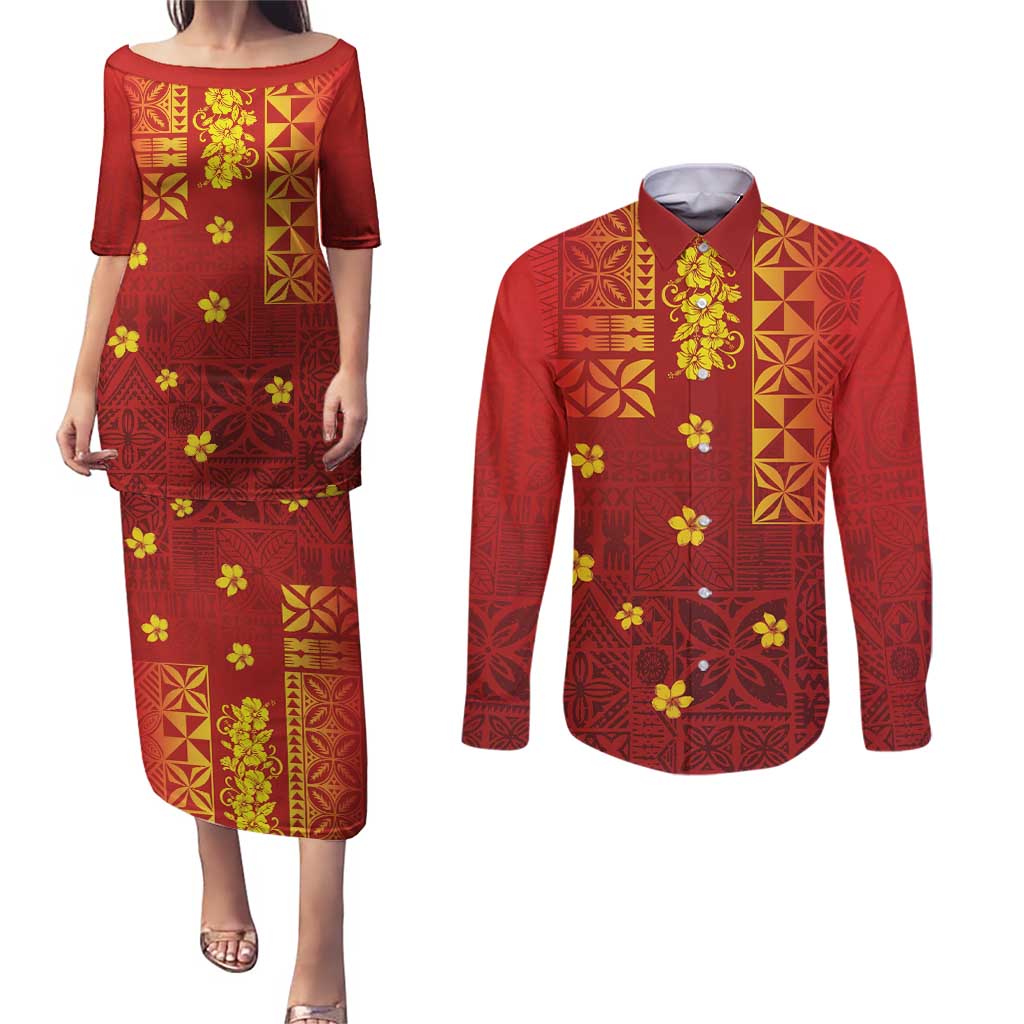 Samoa Tapa Pacific Tribal Pattern Couples Matching Puletasi and Long Sleeve Button Shirt Hibiscus and Plumeria