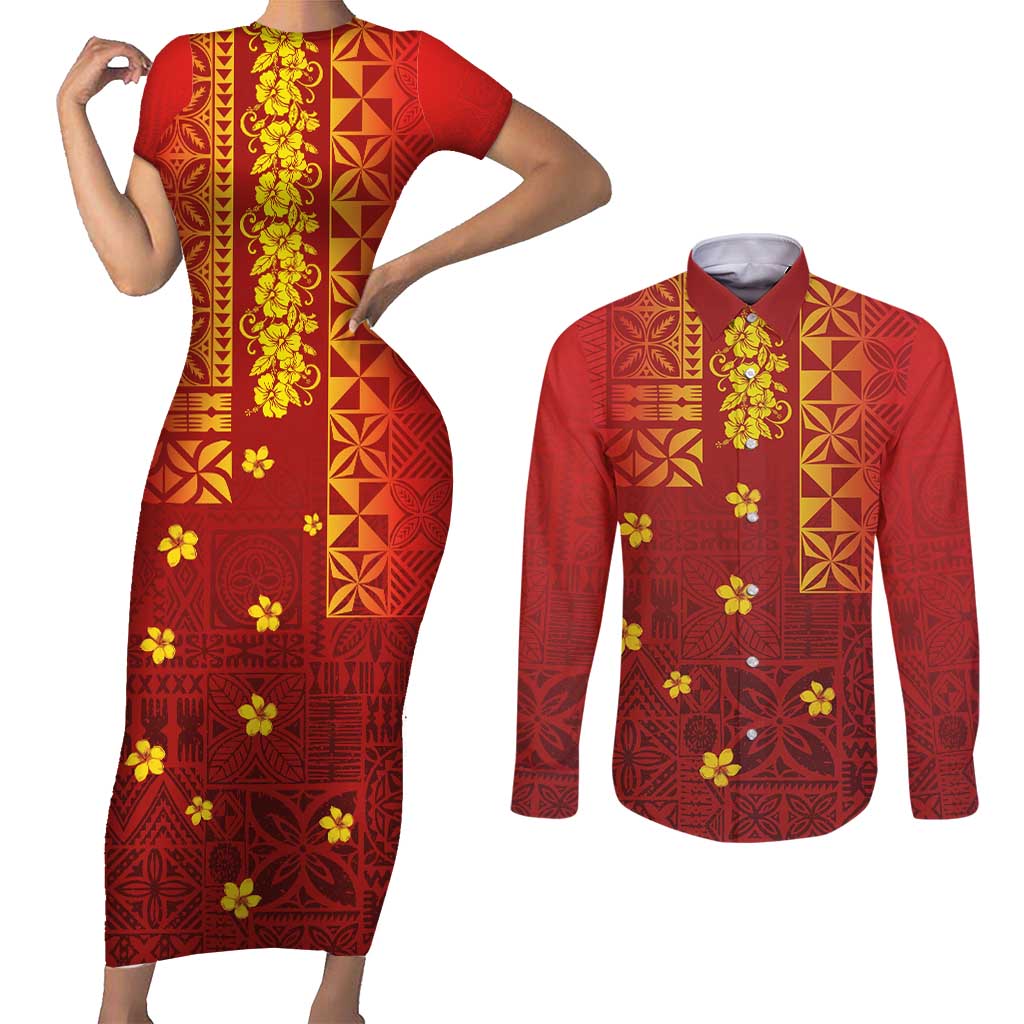 Samoa Tapa Pacific Tribal Pattern Couples Matching Short Sleeve Bodycon Dress and Long Sleeve Button Shirt Hibiscus and Plumeria